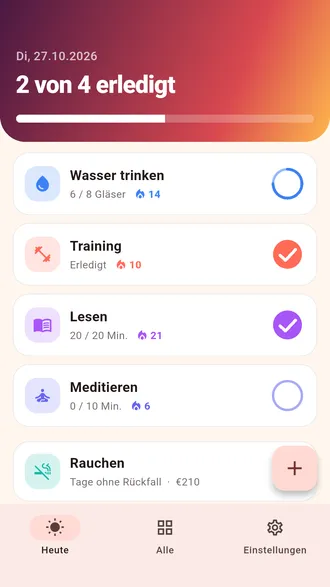 Daymark-Heute-Bildschirm: die Gewohnheiten des Tages mit Serien, einer Fortschrittsleiste und einem Rauchfrei-Zähler