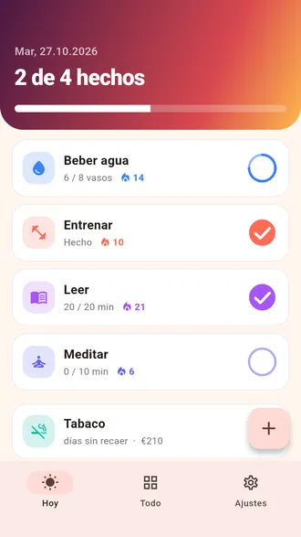 Pantalla de hoy de Daymark: los hábitos del día con sus rachas, un encabezado de progreso y un contador para dejar un hábito