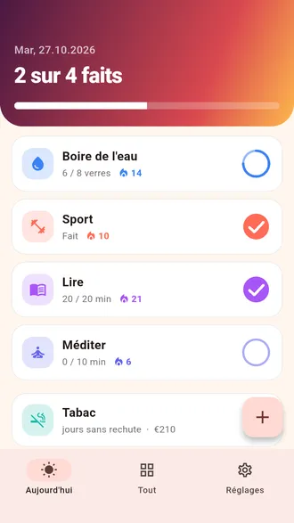 Écran du jour de Daymark : les habitudes du jour avec leurs séries, un en-tête de progression et un compteur d'arrêt