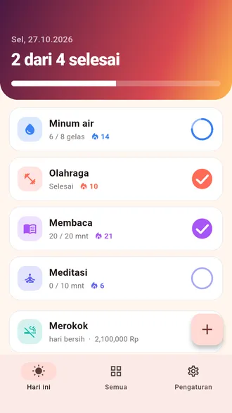 Layar hari ini di Daymark: kebiasaan hari itu beserta streak, header progres, dan penghitung berhenti