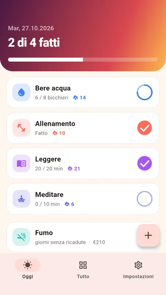 Schermata Oggi di Daymark: le abitudini del giorno con le serie, un'intestazione di avanzamento e un contatore per smettere