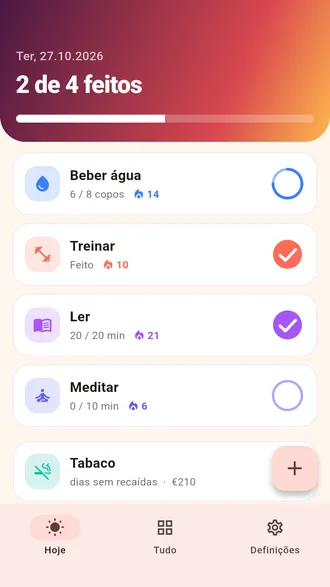 Tela de hoje do Daymark: os hábitos do dia com sequências, um cabeçalho de progresso e um contador para largar um hábito