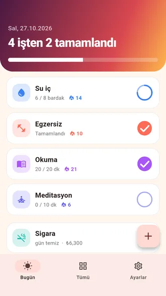 Daymark bugün ekranı: günün alışkanlıkları, seriler, ilerleme başlığı ve bir bırakma sayacı