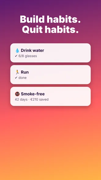 Daymark habit list with a drink water habit, a run habit and a smoke-free quit counter showing 42 days and money saved