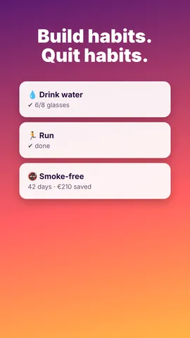 Daymark habit list with a drink water habit, a run habit and a smoke-free quit counter showing 42 days and money saved