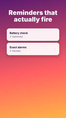 Daymark reminders screen with battery check and exact alarms allowed