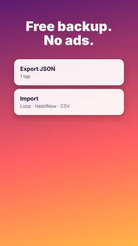Daymark backup screen with JSON export and import from Loop, HabitNow and CSV